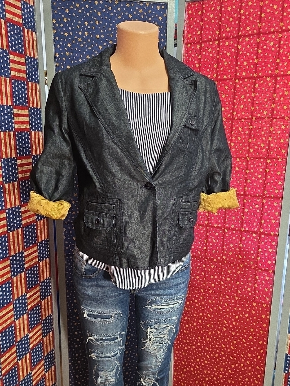 Apostrophe Black Cropped Blazer with Mustard Cuffs